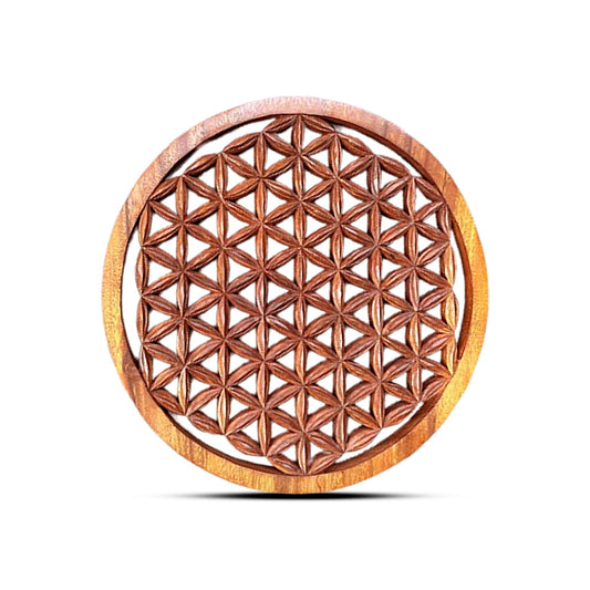 Alt Tag: Flower of Life Wooden Panel – 40 CM handcrafted round decorative wooden wall panel with intricate geometric carving