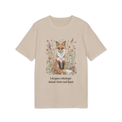Följ Rävens Viskning I 100% Organic Cotton T-Shirt beige T-shirt med räv- och blomillustration och svensk text framtill