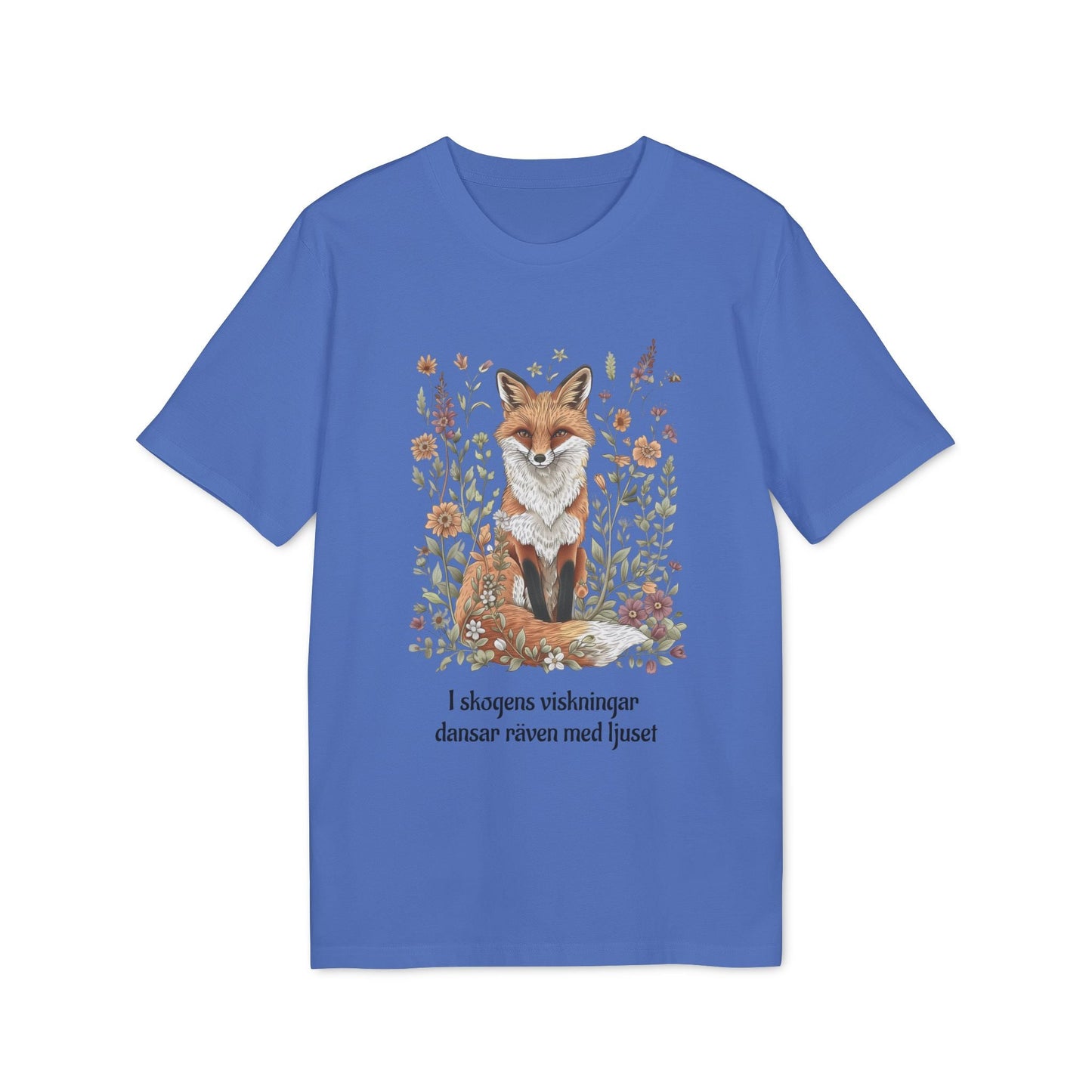 Alt Tag: Följ Rävens Viskning I 100% Organic Cotton T-Shirt blå t-shirt med rävillustration och blommor, svensk text på framsidan