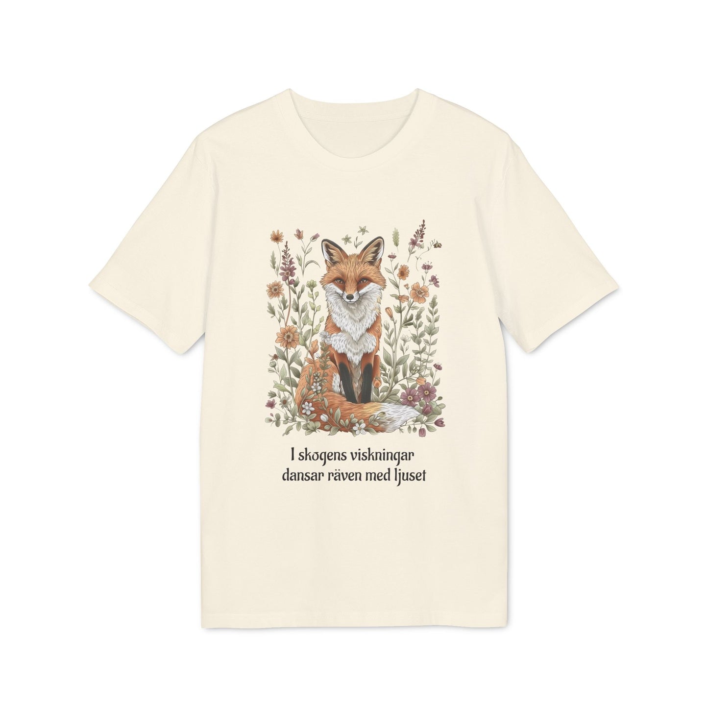 Alt Tag: Följ Rävens Viskning I 100% Organic Cotton T-Shirt, krämfärgad med räv- och blommotiv samt svensk text på framsidan