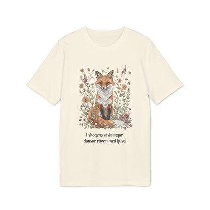Alt Tag: Följ Rävens Viskning I 100% Organic Cotton T-Shirt, krämfärgad med räv- och blommotiv samt svensk text på framsidan