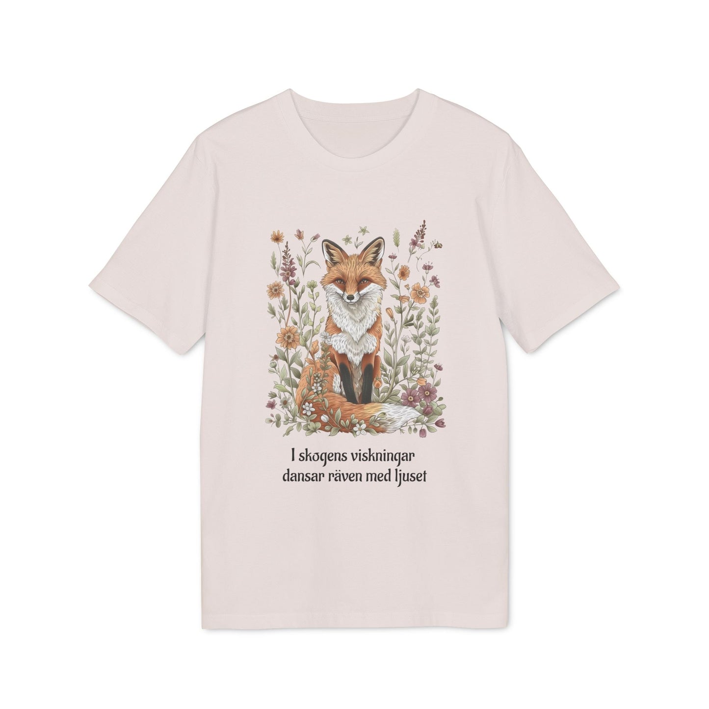 Följ Rävens Viskning I 100% Organic Cotton T-Shirt med räv- och blommotiv, ljus t-shirt med tryck och svensk text