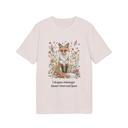 Följ Rävens Viskning I 100% Organic Cotton T-Shirt med räv- och blommotiv, ljus t-shirt med tryck och svensk text