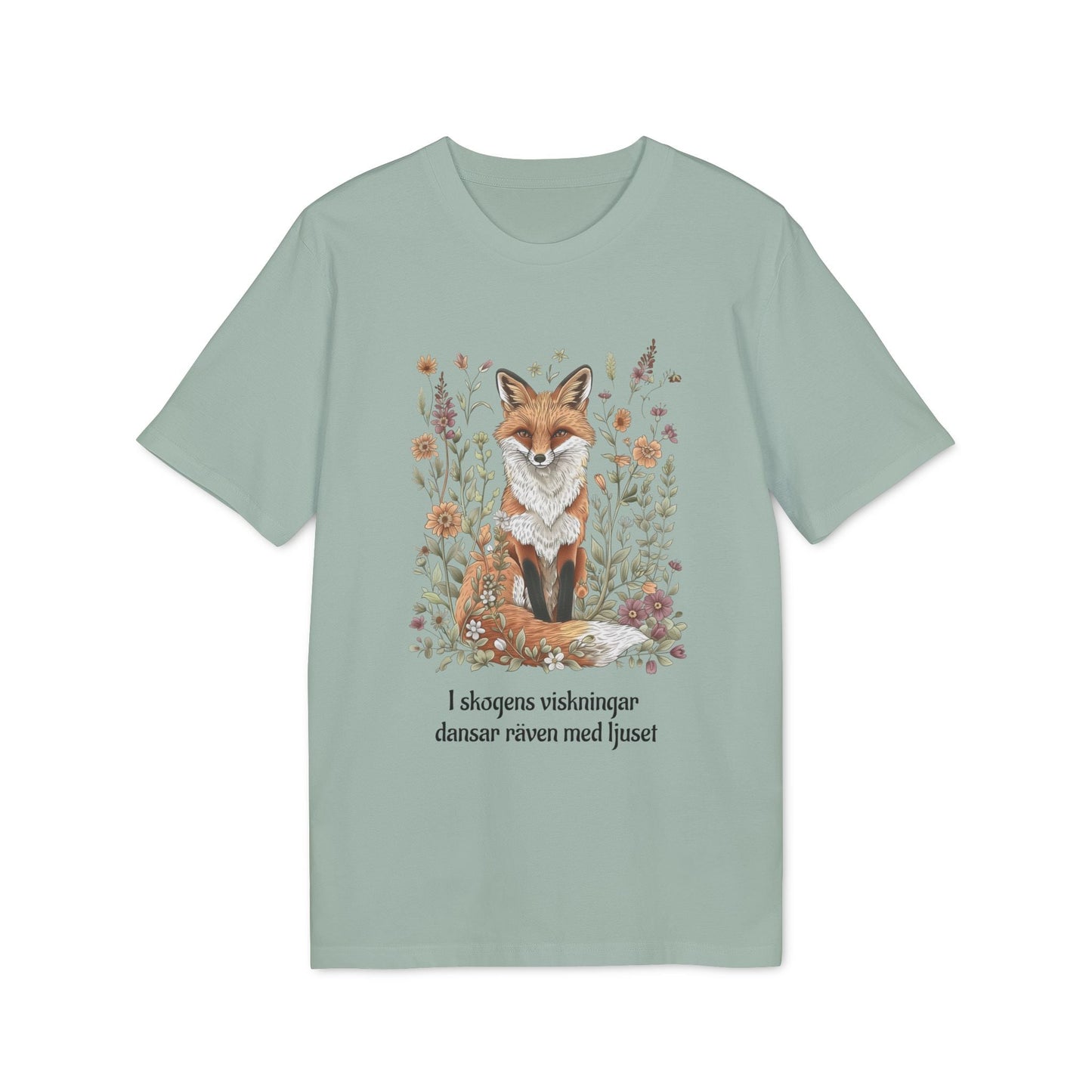 Följ Rävens Viskning I 100% Organic Cotton T-Shirt med räv- och blomillustration på ljusgrön t-shirt