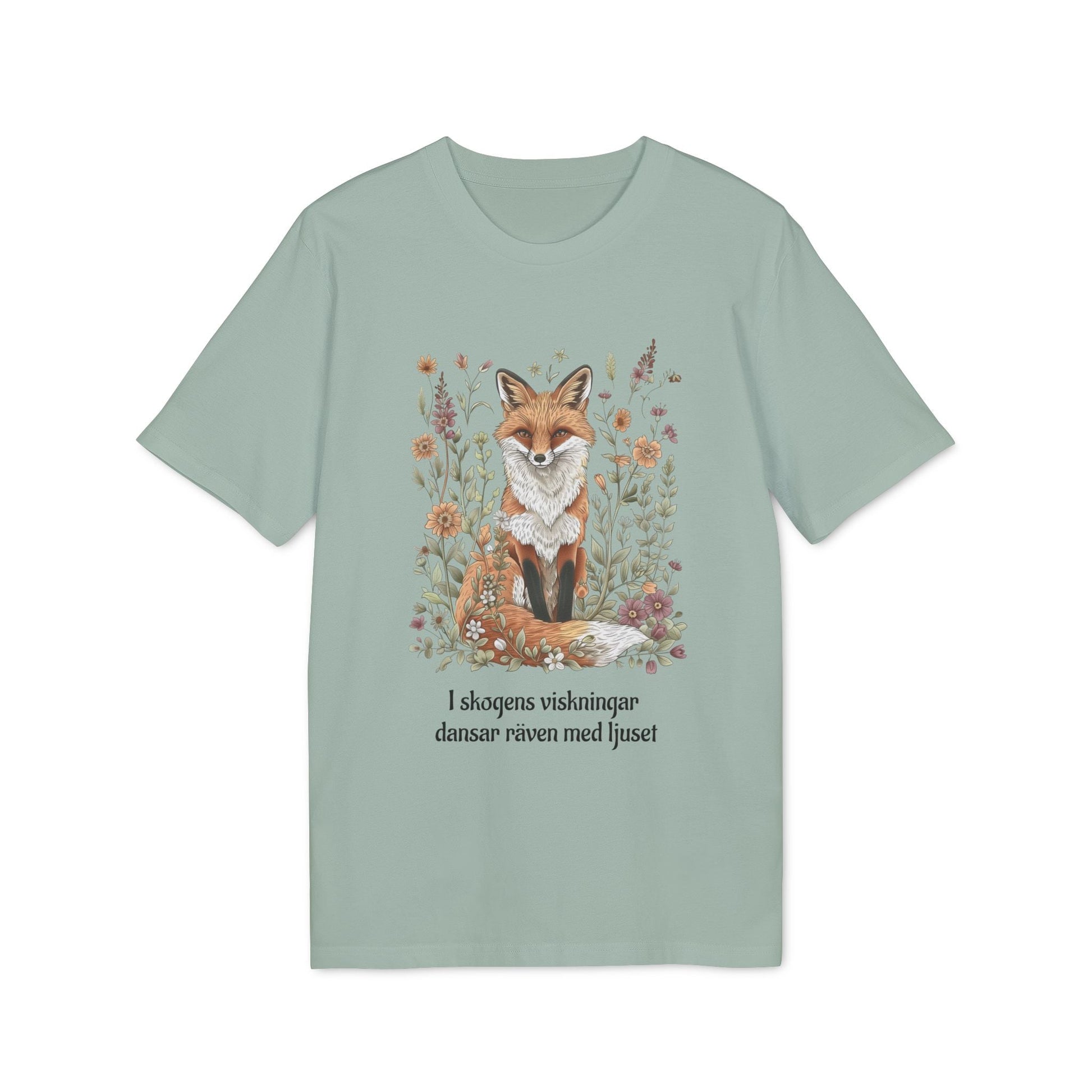 Följ Rävens Viskning I 100% Organic Cotton T-Shirt med räv- och blomillustration på ljusgrön t-shirt