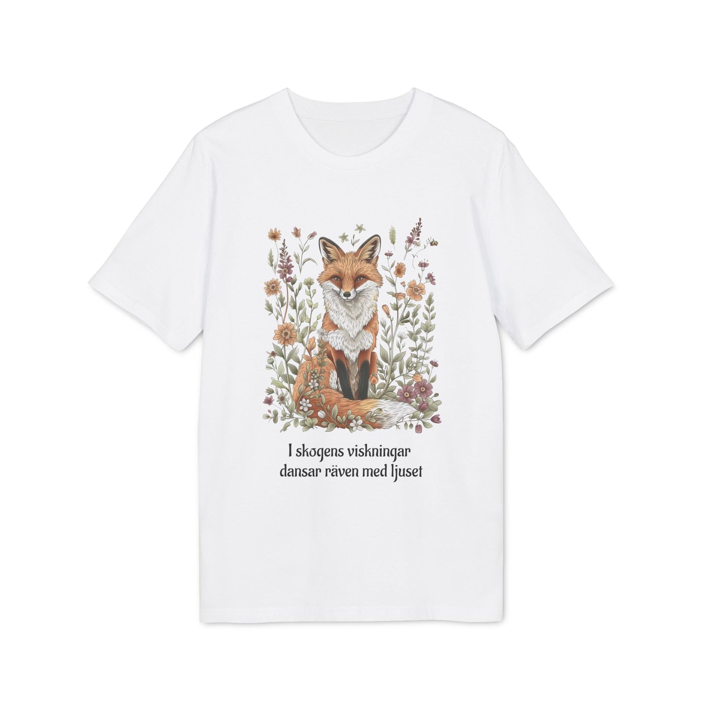 Alt Tag: Följ Rävens Viskning I 100% Organic Cotton T-Shirt vit t-shirt med räv- och blommotiv samt svensk text på framsidan