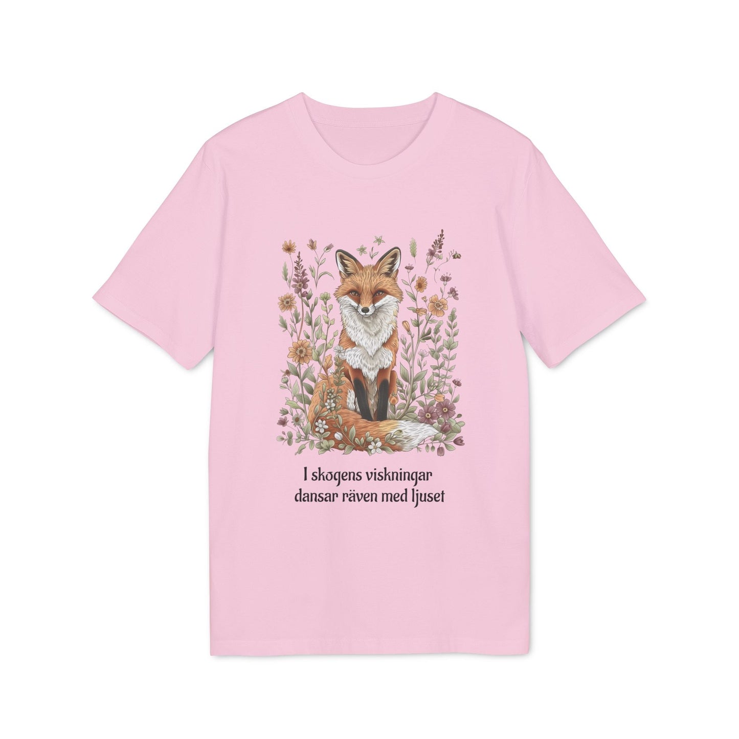 Alt Tag: Följ Rävens Viskning I 100% Organic Cotton T-Shirt rosa T-shirt med rävillustration och blommor, text på framsidan