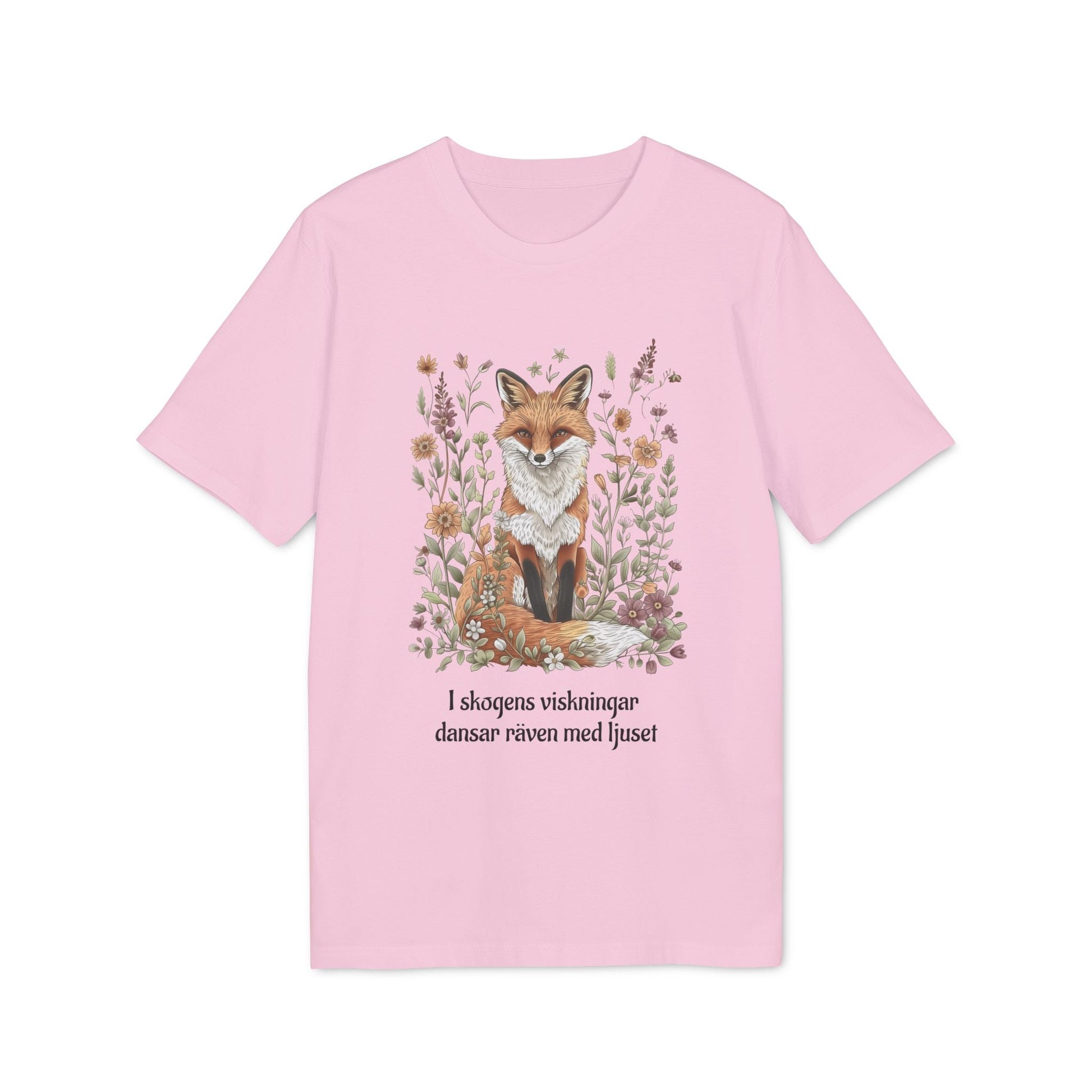 Alt Tag: Följ Rävens Viskning I 100% Organic Cotton T-Shirt rosa T-shirt med rävillustration och blommor, text på framsidan