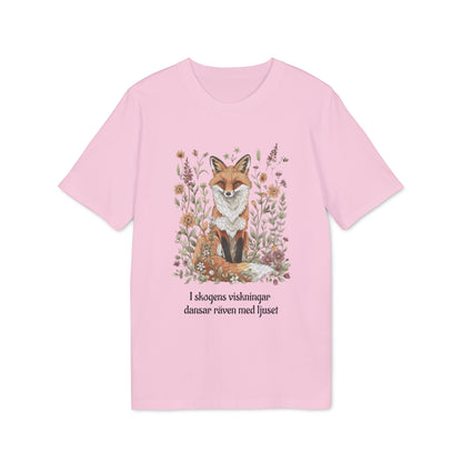 Alt Tag: Följ Rävens Viskning I 100% Organic Cotton T-Shirt rosa T-shirt med rävillustration och blommor, text på framsidan