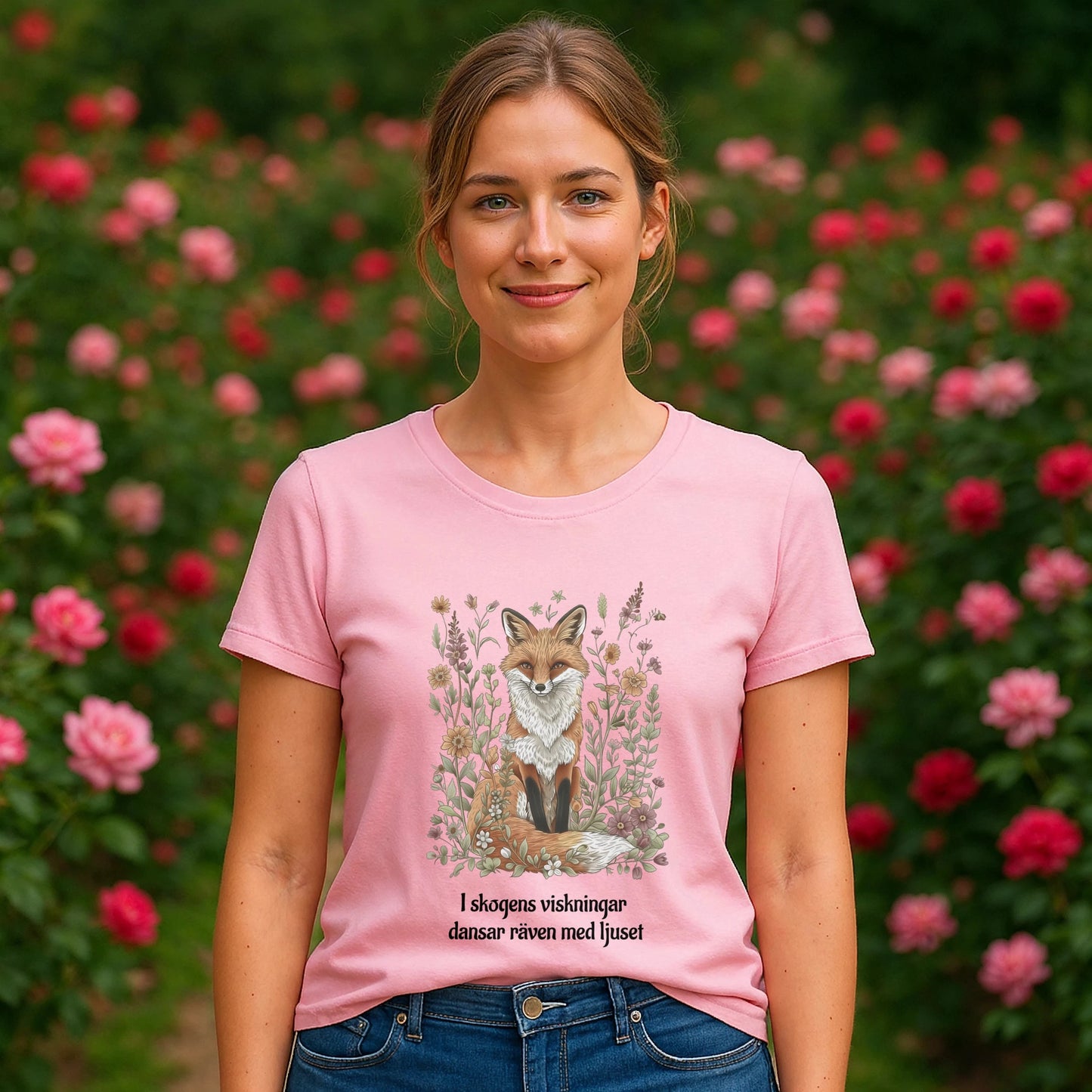 Följ Rävens Viskning I 100% Organic Cotton T-Shirt rosa dam-tshirt med rävtryck, modell i trädgård med rosor