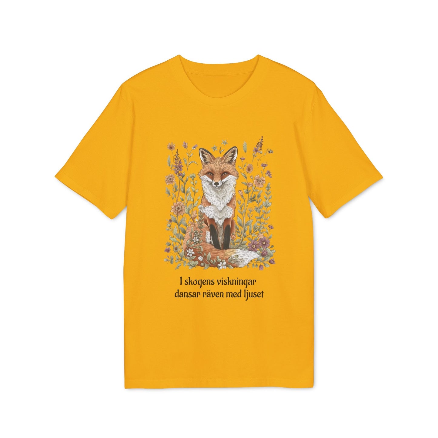 Följ Rävens Viskning I 100% Organic Cotton T-Shirt gul t-shirt med räv- och blommotiv, tryckt svensk text framtill