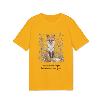 Följ Rävens Viskning I 100% Organic Cotton T-Shirt gul t-shirt med räv- och blommotiv, tryckt svensk text framtill