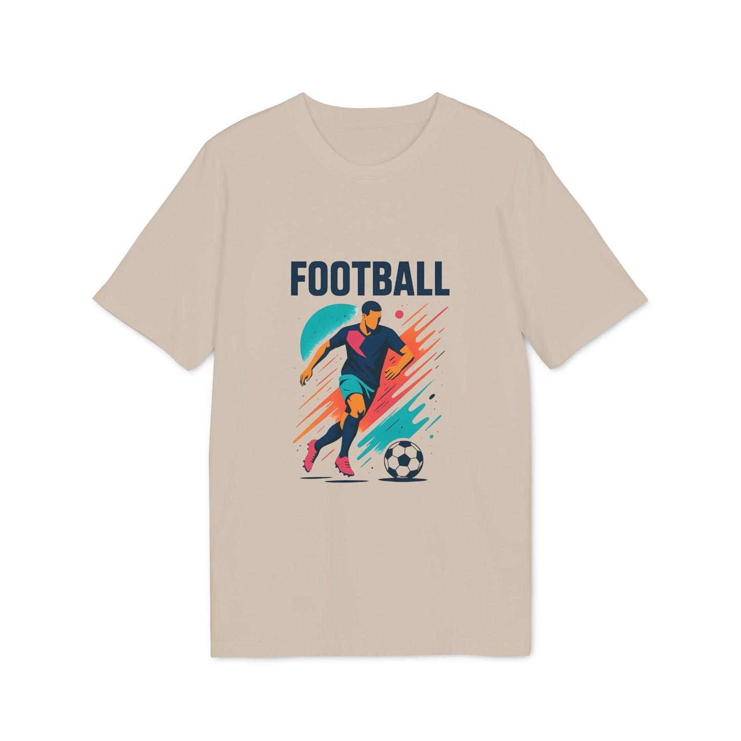 Camiseta Premium Unisex beige para amantes y jugadores de Football con gráfico de jugador de fútbol y balón, texto FOOTBALL en negrita