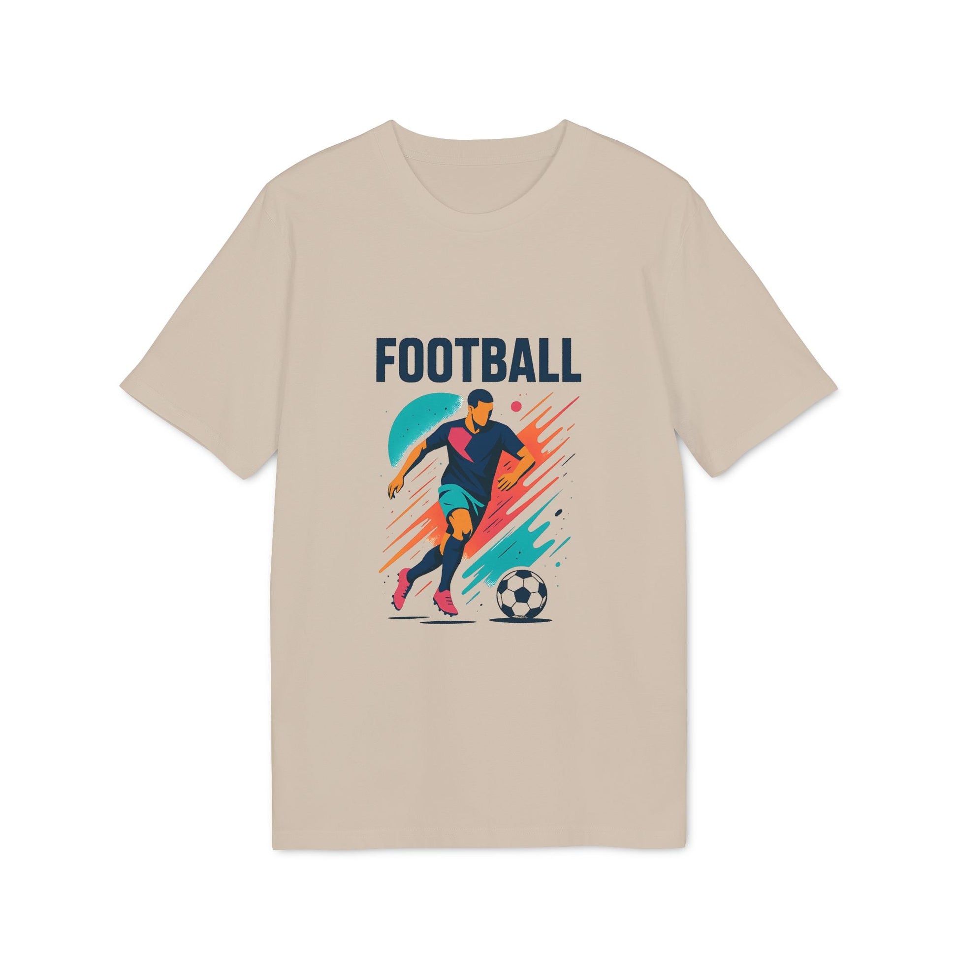 Camiseta Premium Unisex beige para amantes y jugadores de Football con gráfico de jugador de fútbol y balón, texto FOOTBALL en negrita