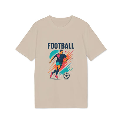 Camiseta Premium Unisex beige para amantes y jugadores de Football con gráfico de jugador de fútbol y balón, texto FOOTBALL en negrita
