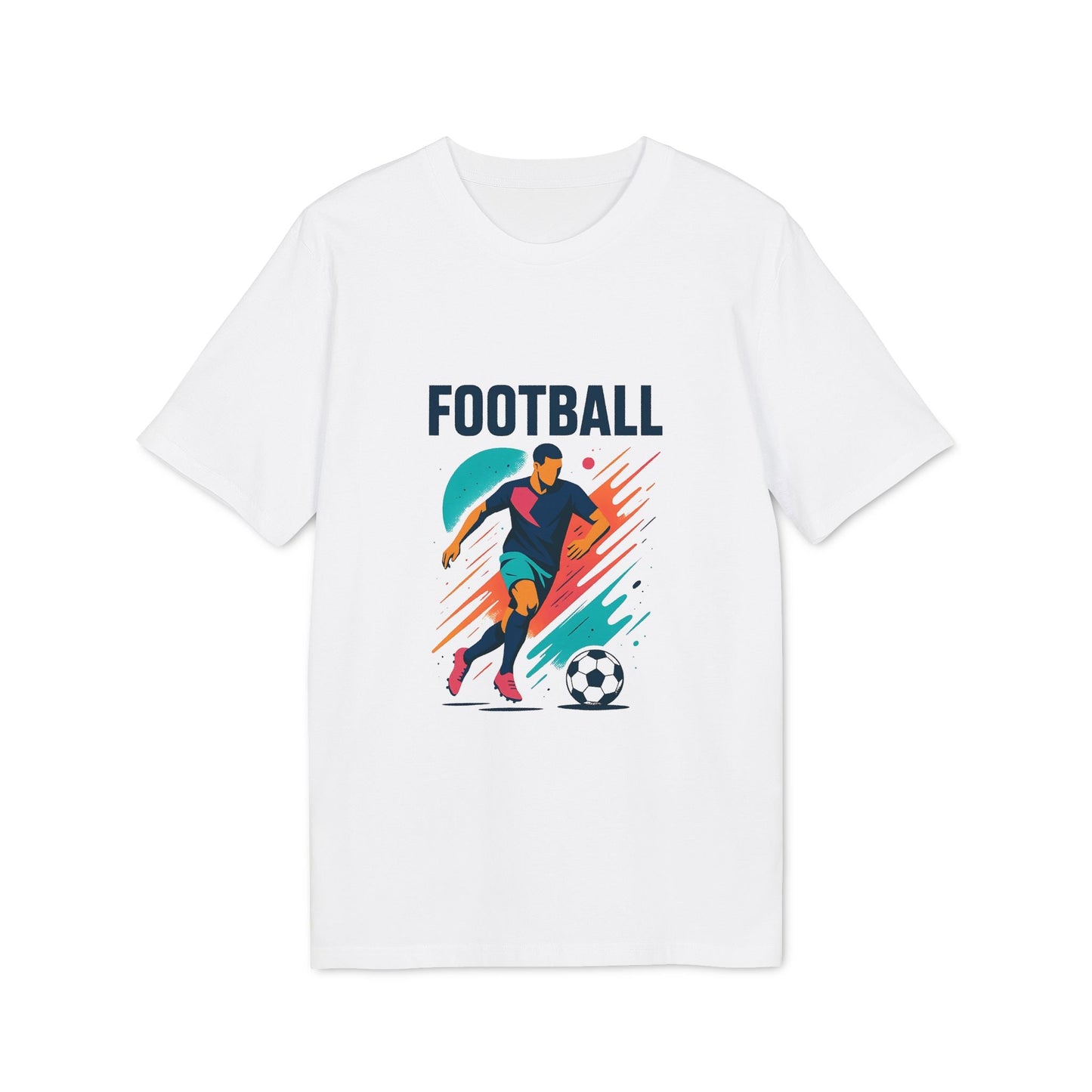 Alt Tag: Camiseta Premium Unisex para amantes y jugadores de fútbol, camiseta blanca con gráfico colorido de jugador de fútbol y balón de fútbol