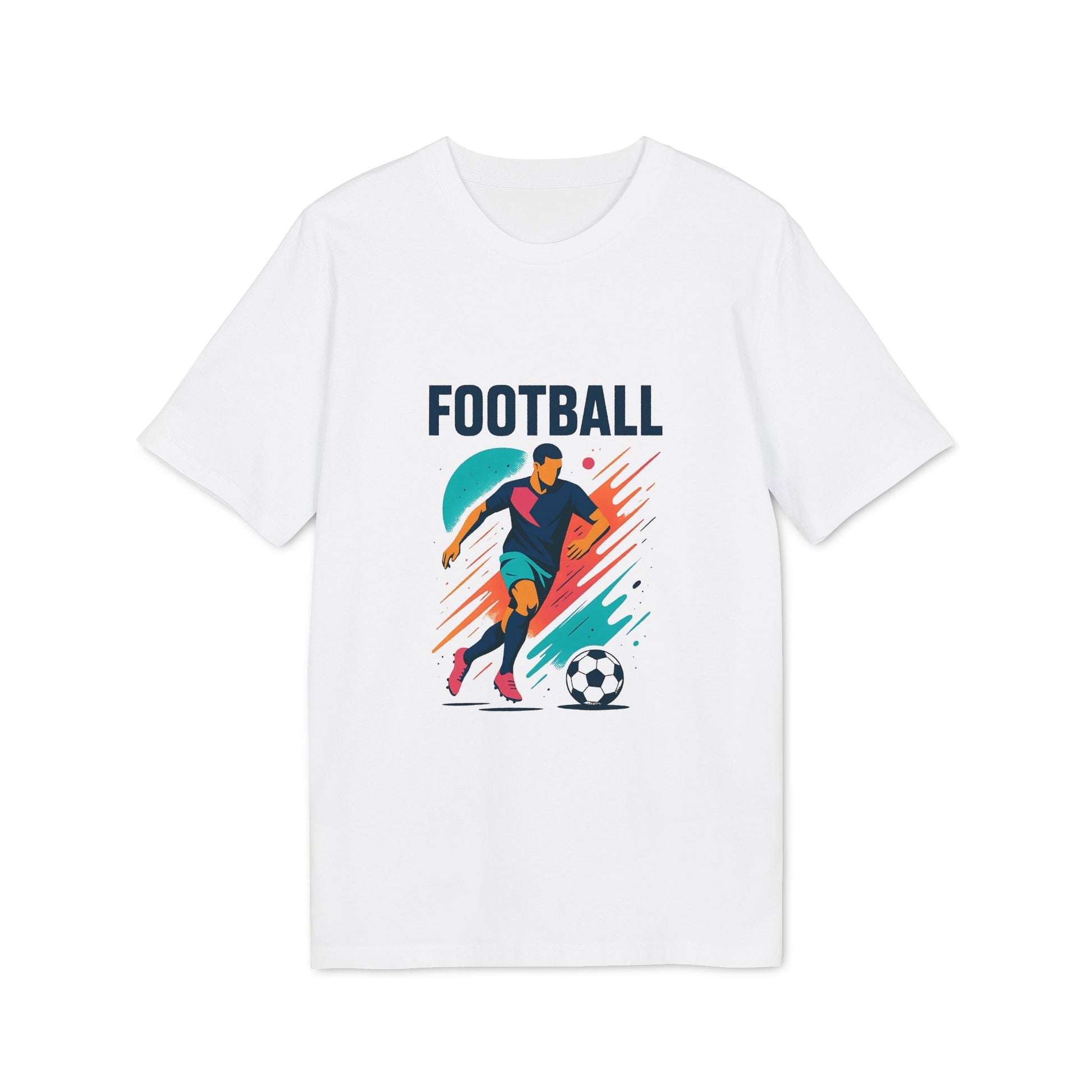 Alt Tag: Camiseta Premium Unisex para amantes y jugadores de fútbol, camiseta blanca con gráfico colorido de jugador de fútbol y balón de fútbol
