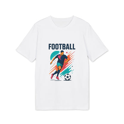 Alt Tag: Camiseta Premium Unisex para amantes y jugadores de fútbol, camiseta blanca con gráfico colorido de jugador de fútbol y balón de fútbol