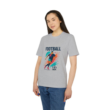 Football Football Lovers And Players Camiseta Premium Unisex en gris jaspeado, modelo de mujer con gráfico de jugador y balón de fútbol