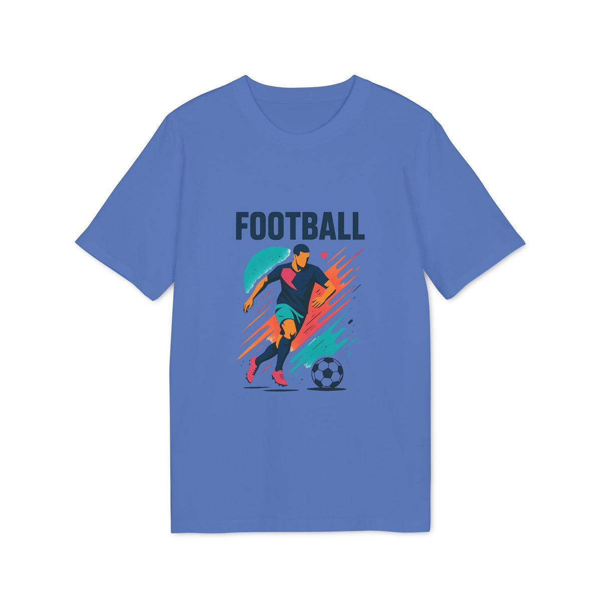 Alt Tag: Camiseta Premium Unisex Football Football Lovers And Players azul con gráfico de jugador de fútbol, texto Football e ilustración de balón