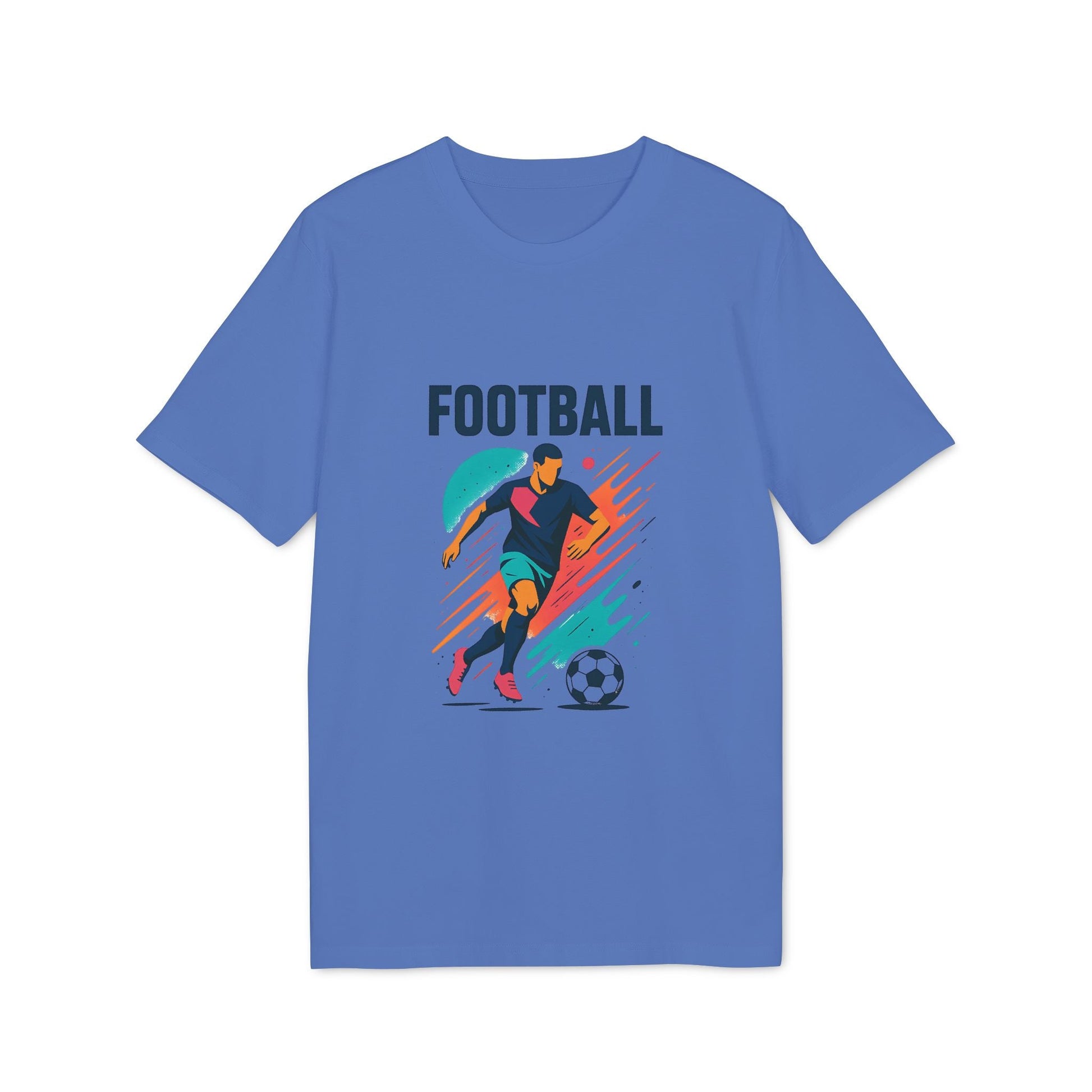 Alt Tag: Camiseta Premium Unisex Football Football Lovers And Players azul con gráfico de jugador de fútbol, texto Football e ilustración de balón