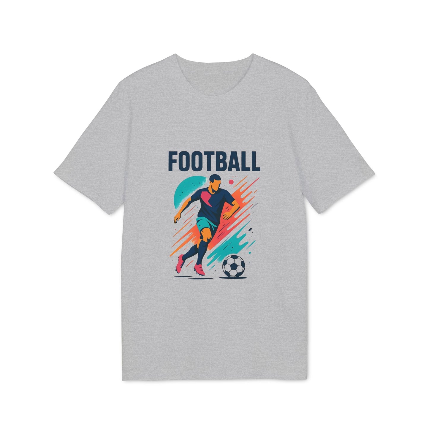 Alt Tag: Football Football Lovers And Players Camiseta Premium Unisex gris con gráfico de jugador de fútbol regateando un balón y texto FOOTBALL