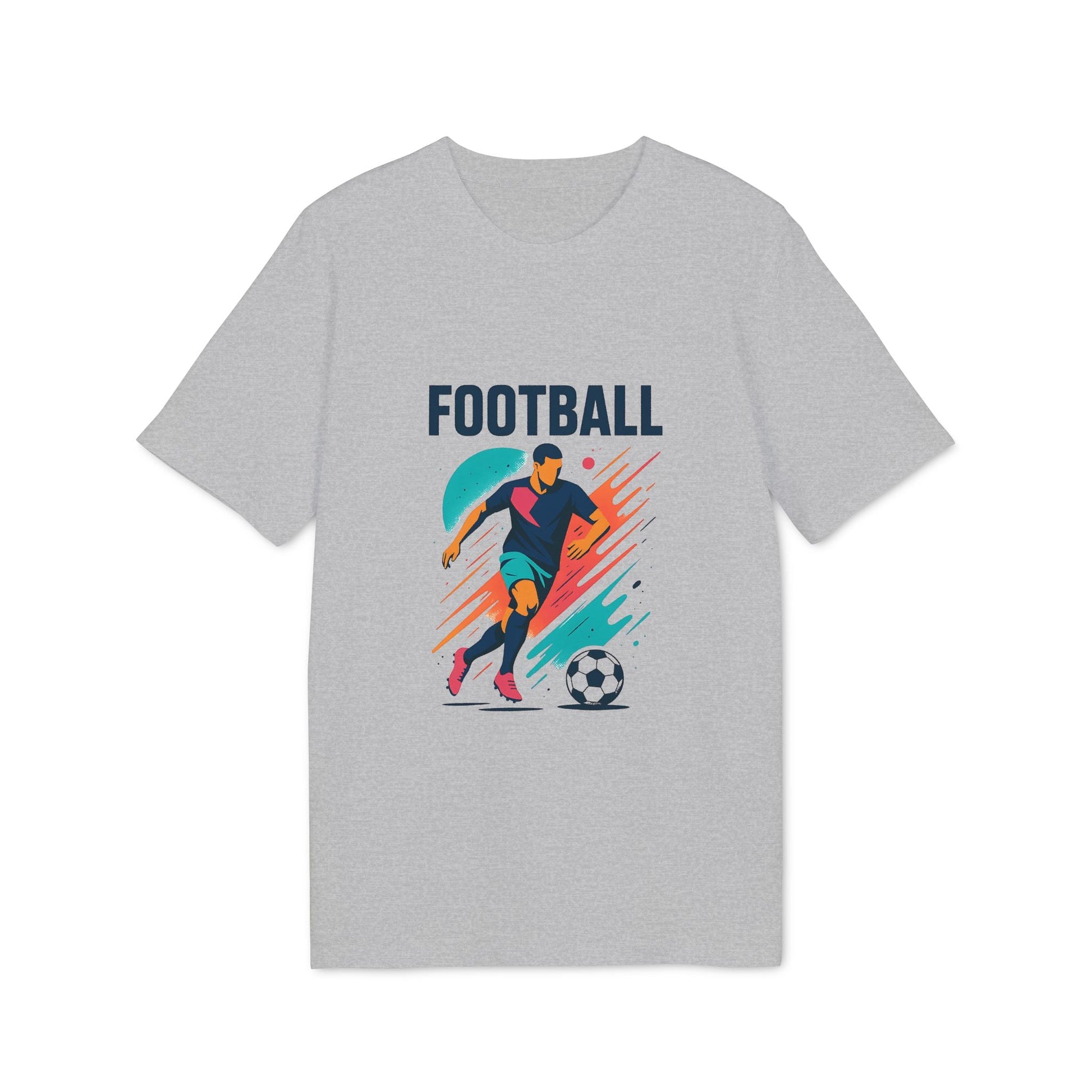Alt Tag: Football Football Lovers And Players Camiseta Premium Unisex gris con gráfico de jugador de fútbol regateando un balón y texto FOOTBALL