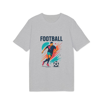 Alt Tag: Football Football Lovers And Players Camiseta Premium Unisex gris con gráfico de jugador de fútbol regateando un balón y texto FOOTBALL