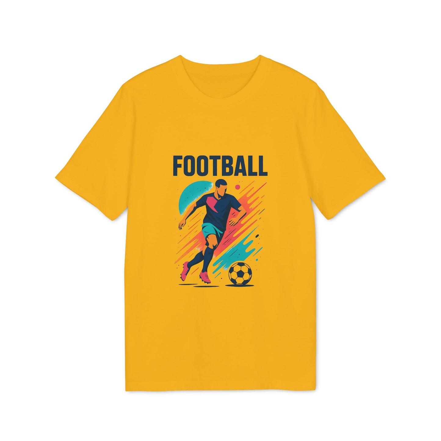 Etiqueta alt: Camiseta Premium Unisex para amantes y jugadores de fútbol amarilla con gráfico de jugador de fútbol y balón, texto "FOOTBALL"