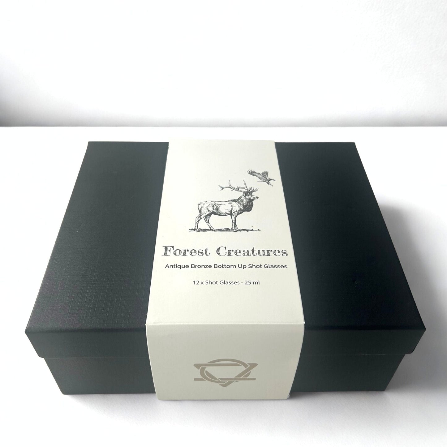 Alt Tag: Antique Bronze Shot Glasses – 25ML Set of 12 presentation box with Forest Creatures label, 12 shot glasses 25 ml