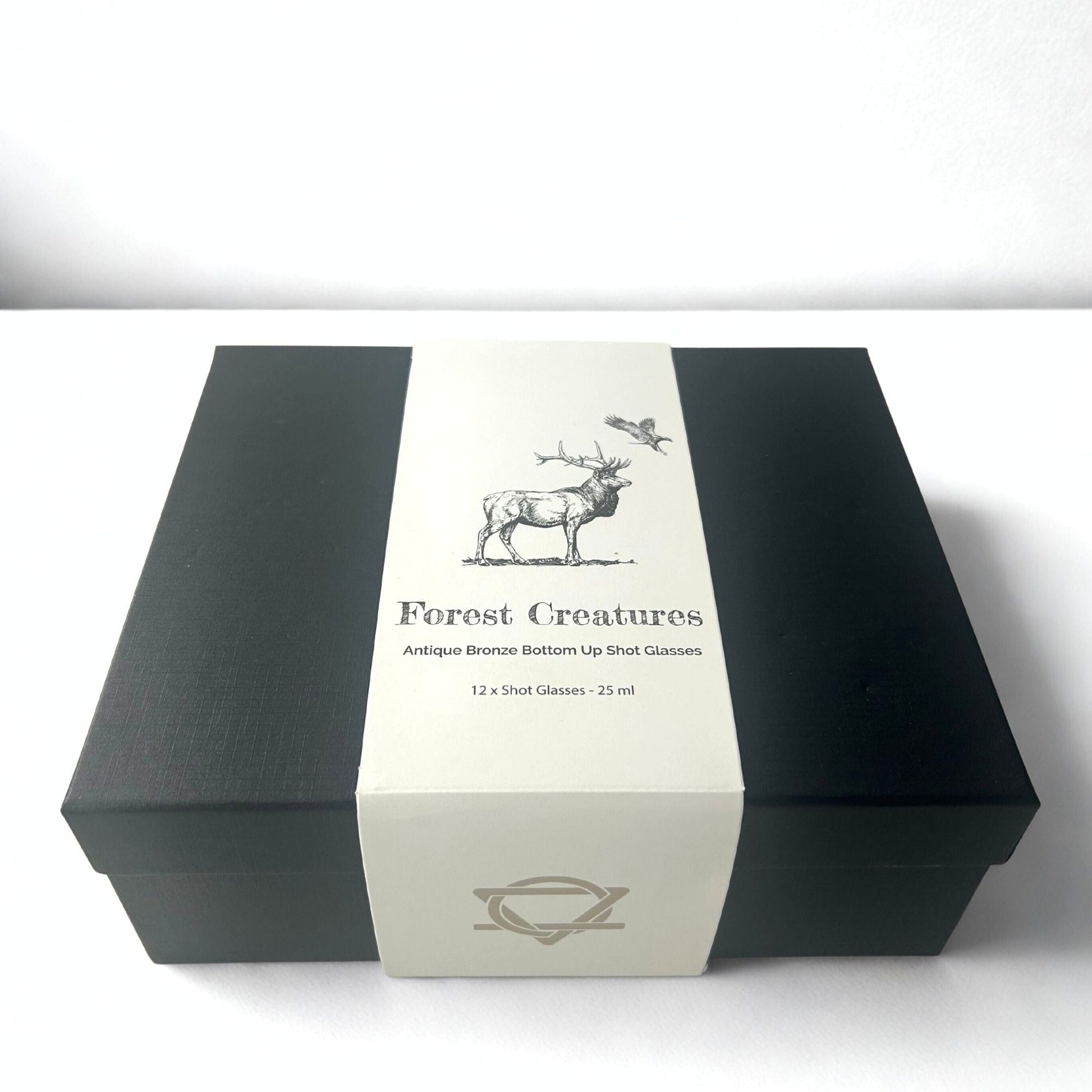Alt Tag: Antique Bronze Shot Glasses – 25ML Set of 12 presentation box with Forest Creatures label, 12 shot glasses 25 ml