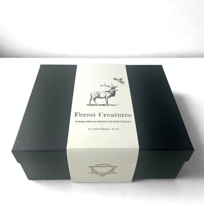 Alt Tag: Antique Bronze Shot Glasses – 25ML Set of 12 presentation box with Forest Creatures label, 12 shot glasses 25 ml