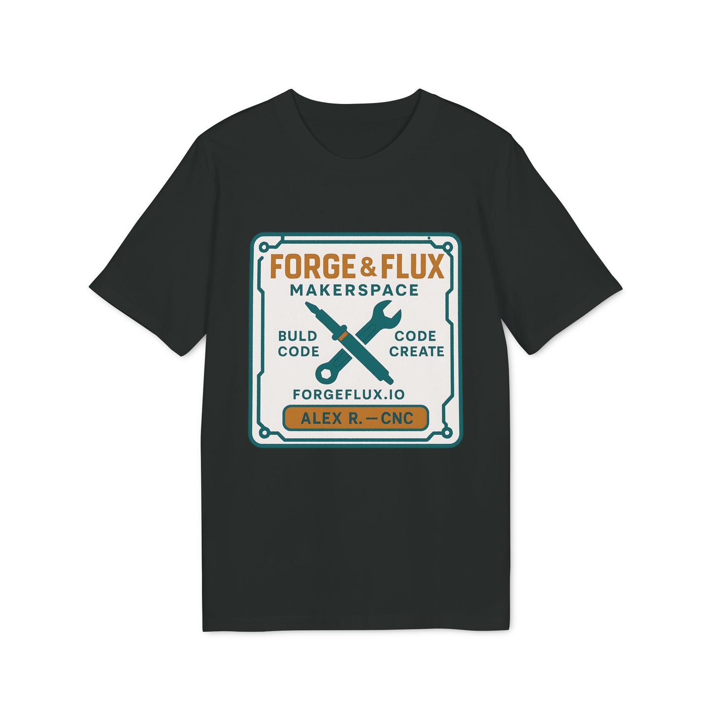 Alt Tag: Föreningar Företag Välj Er Logga. T Shirts I Sponsra Saga Village. Premium Unisex T-Shirt svart t-shirt med Forge & Flux Makerspace-logga