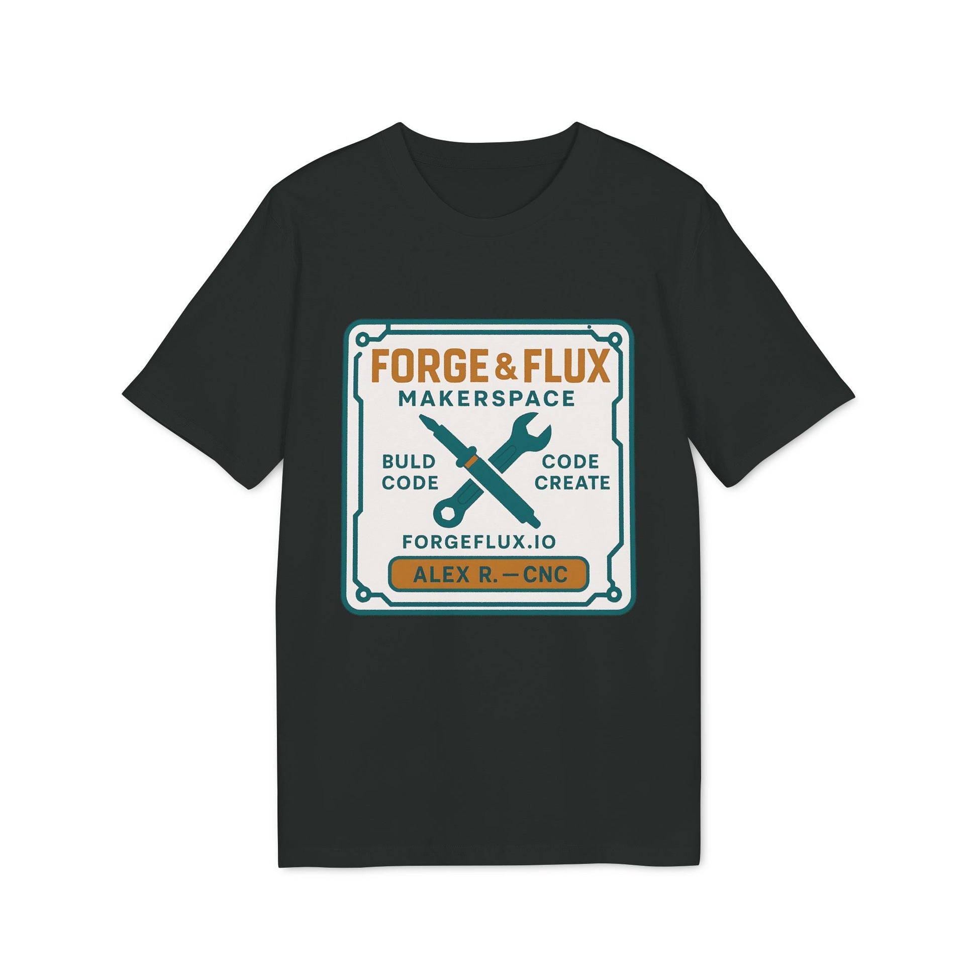 Alt Tag: Föreningar Företag Välj Er Logga. T Shirts I Sponsra Saga Village. Premium Unisex T-Shirt svart t-shirt med Forge & Flux Makerspace-logga