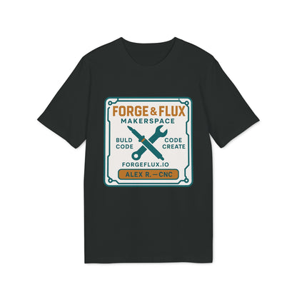 Alt Tag: Föreningar Företag Välj Er Logga. T Shirts I Sponsra Saga Village. Premium Unisex T-Shirt svart t-shirt med Forge & Flux Makerspace-logga