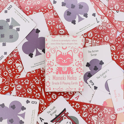 Fortune Cats Playing & Oracle Cards – Maneki Neko Deck with illustrated Maneki Neko box and playing-style oracle cards on red patterned background