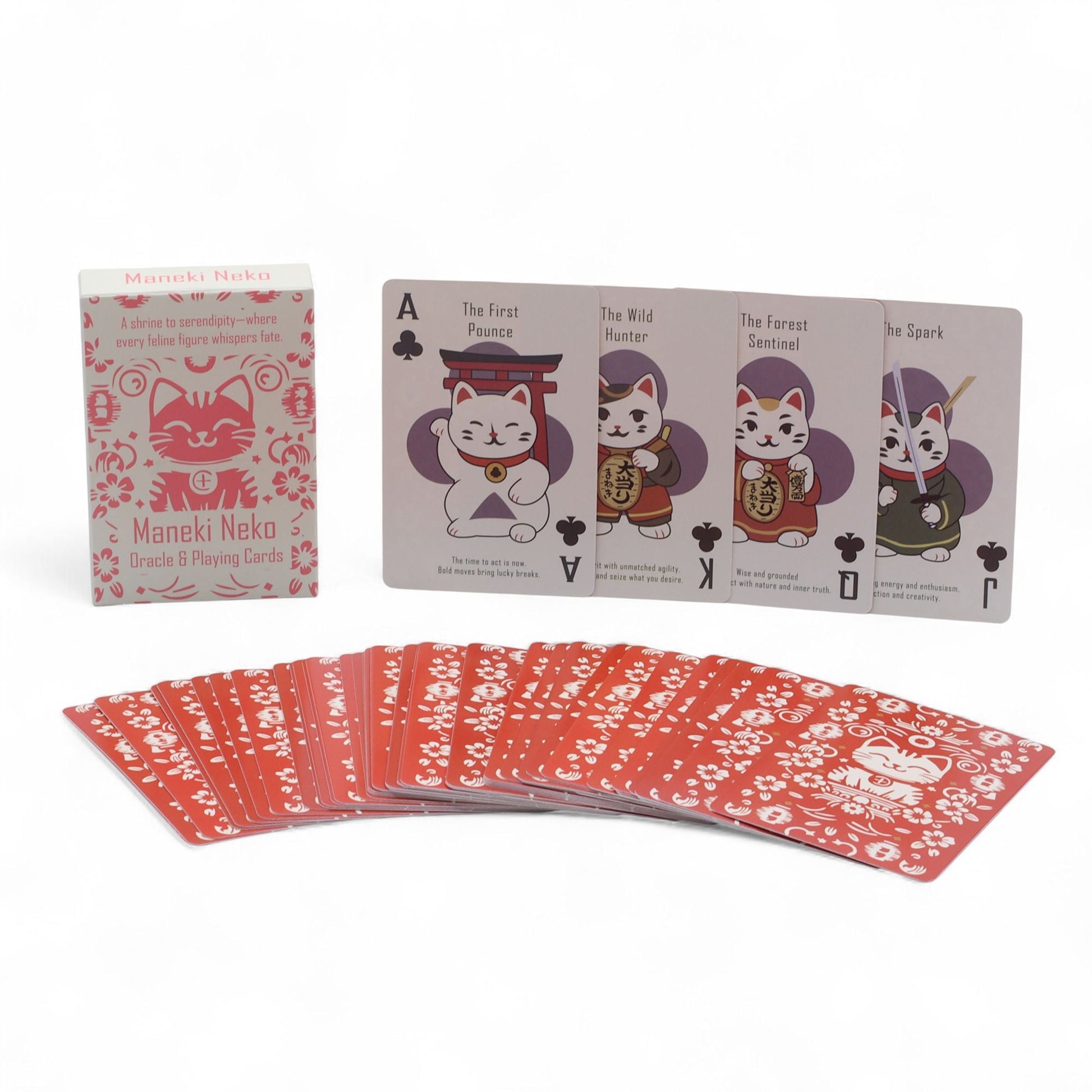 Fortune Cats Playing & Oracle Cards – Maneki Neko Deck with illustrated maneki-neko oracle and playing cards, box and fanned red card backs
