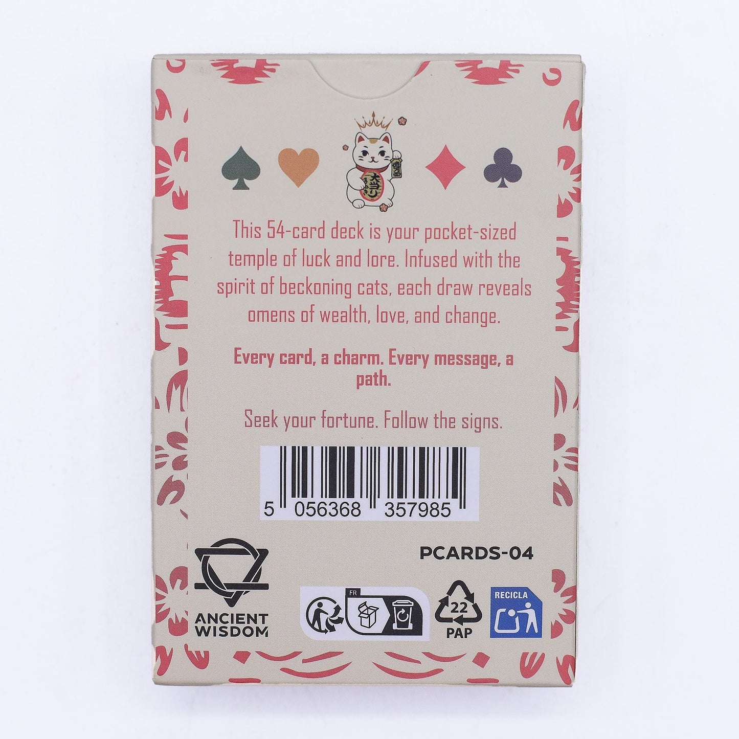 Fortune Cats Playing & Oracle Cards – Maneki Neko Deck caja trasera con ilustración de gato, texto descriptivo y código de barras
