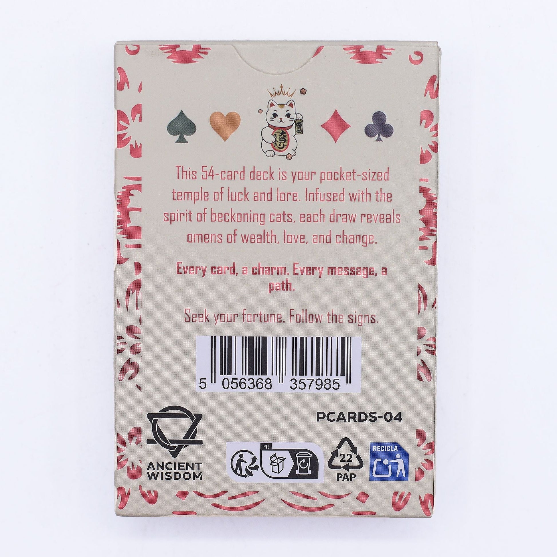 Fortune Cats Playing & Oracle Cards – Maneki Neko Deck caja trasera con ilustración de gato, texto descriptivo y código de barras