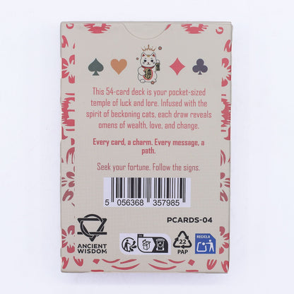Fortune Cats Playing & Oracle Cards – Maneki Neko Deck caja trasera con ilustración de gato, texto descriptivo y código de barras