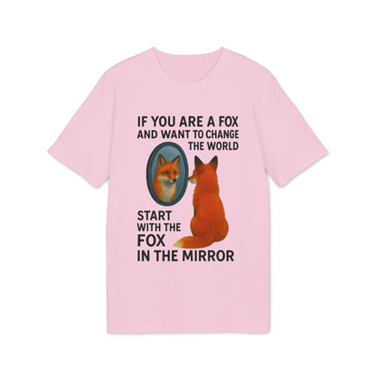 Alt Tag: Man The Mirror Music And Spirituality Design Sustainable Unisex Tee pink tee with fox looking in mirror graphic and quote