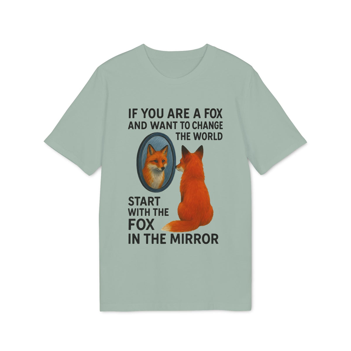 Alt Tag: Man The Mirror Music And Spirituality Design Sustainable Unisex Tee with fox mirror graphic and quote 