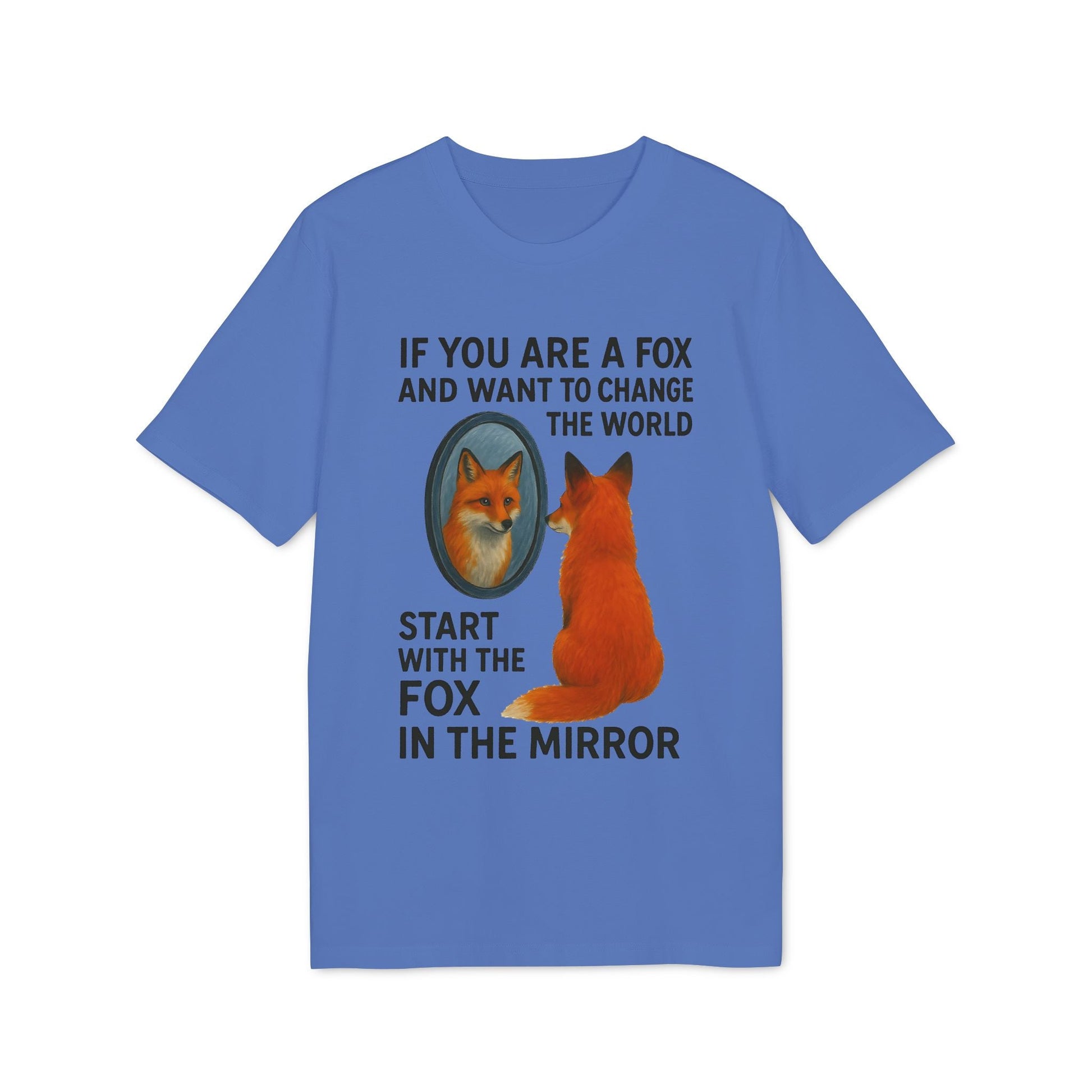 Alt Tag: Man The Mirror Music And Spirituality Design Sustainable Unisex Tee blue t-shirt with fox mirror graphic and quote text