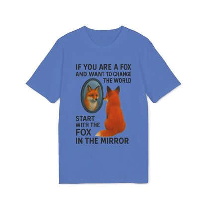 Alt Tag: Man The Mirror Music And Spirituality Design Sustainable Unisex Tee blue t-shirt with fox mirror graphic and quote text