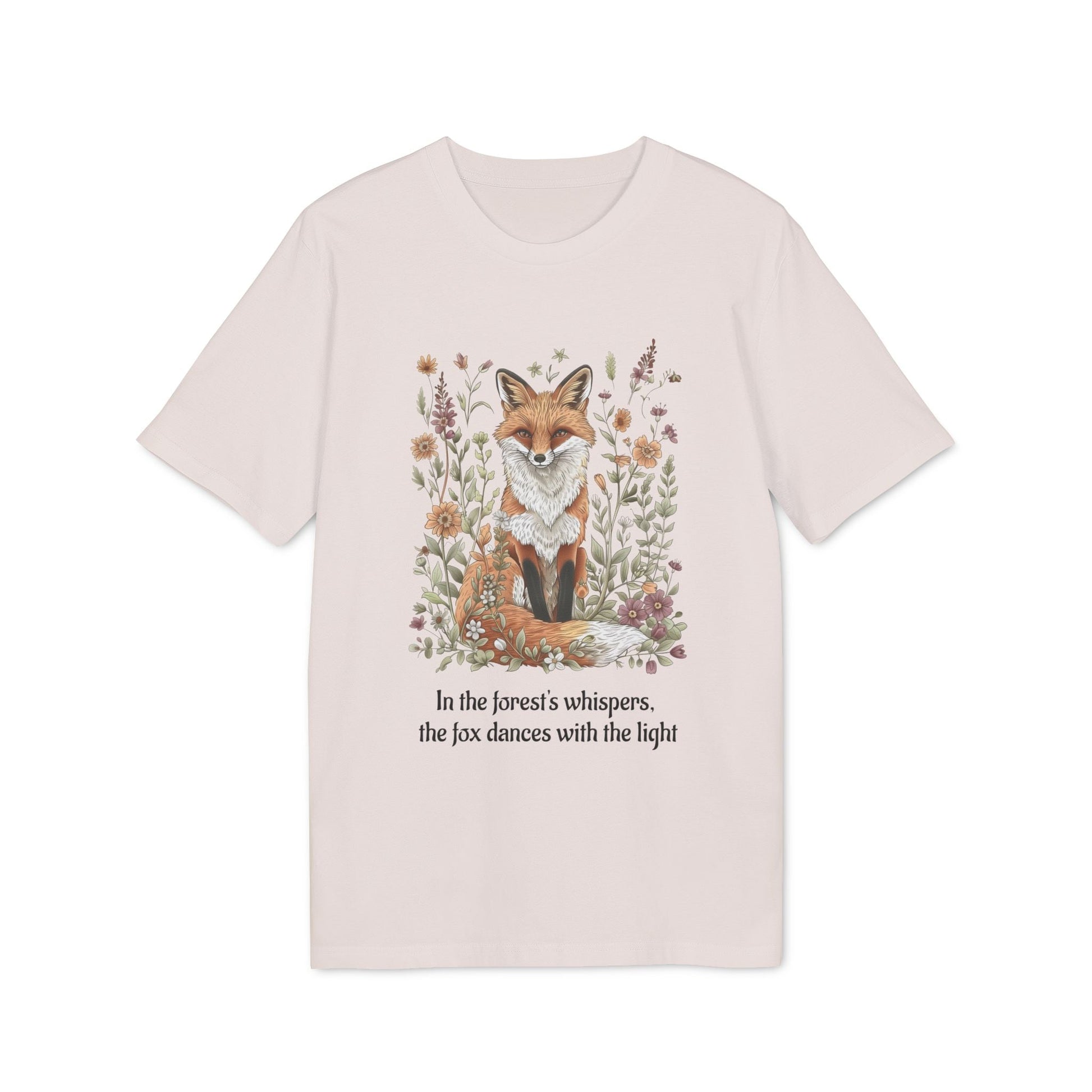 Fox Spirit Whisper Nature Lovers And Free Souls Sustainable Unisex Tee con ilustración de zorro entre flores y texto “In the forest’s whispers”