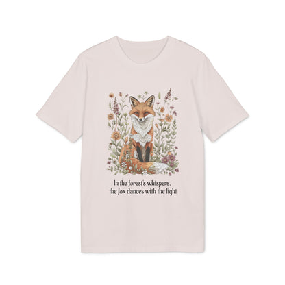Fox Spirit Whisper Nature Lovers And Free Souls Sustainable Unisex Tee con ilustración de zorro entre flores y texto “In the forest’s whispers”