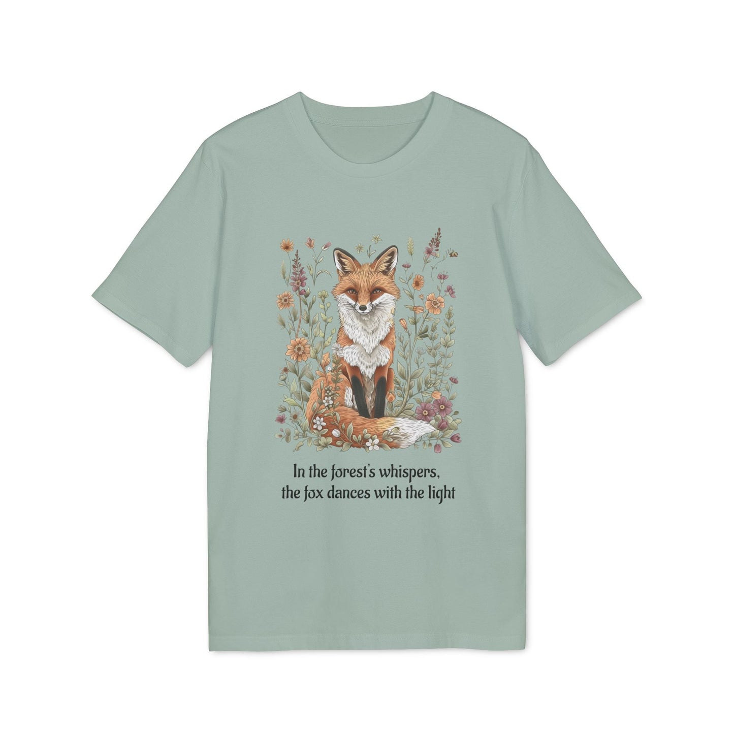 Alt Tag: Fox Spirit Whisper Nature Lovers And Free Souls Sustainable Unisex Tee with fox and wildflower illustration on sage green t-shirt