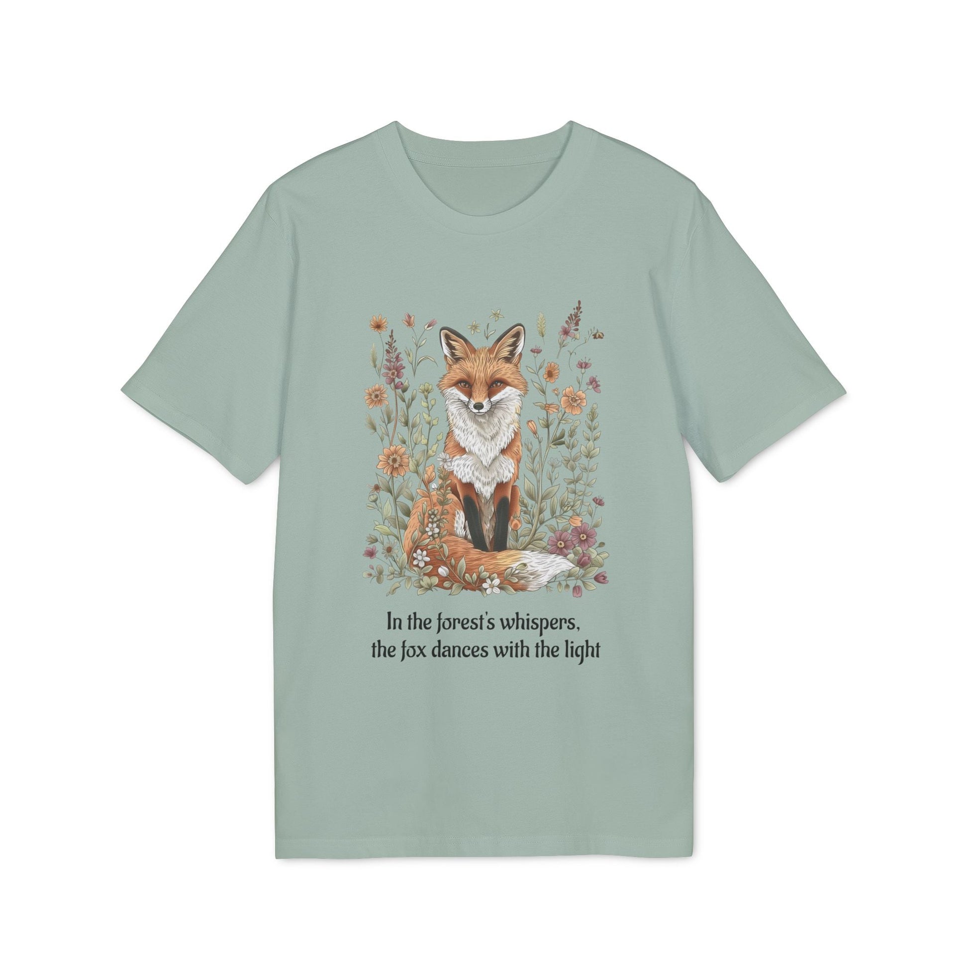 Alt Tag: Fox Spirit Whisper Nature Lovers And Free Souls Sustainable Unisex Tee with fox and wildflower illustration on sage green t-shirt