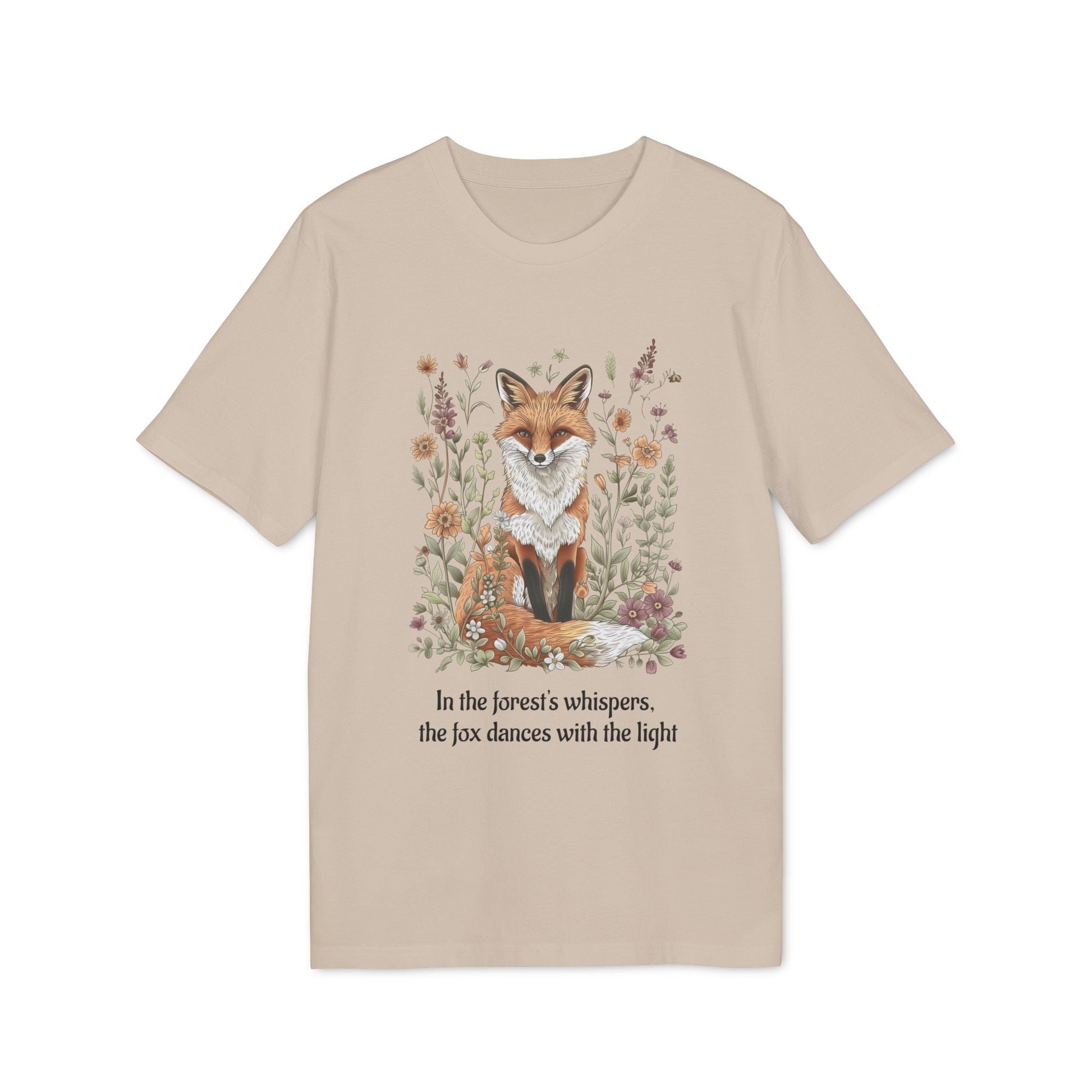 Fox Spirit Whisper Nature Lovers And Free Souls Sustainable Unisex Tee beige t-shirt with fox and wildflower illustration and quote