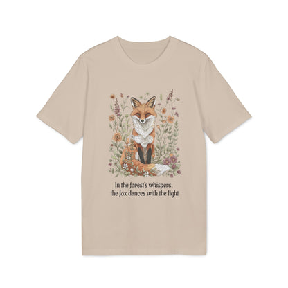 Fox Spirit Whisper Nature Lovers And Free Souls Sustainable Unisex Tee beige t-shirt with fox and wildflower illustration and quote